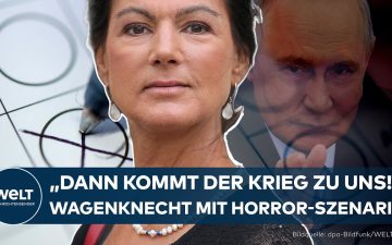 Wagenknecht BSW – Sahra Wagenknecht, BSW-Vorsitzende, spricht über Kriegsgefahr und Landtagswahlen in einem TV-Studio