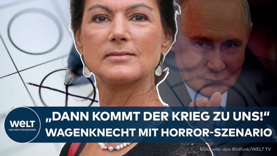 Wagenknecht BSW – Sahra Wagenknecht, BSW-Vorsitzende, spricht über Kriegsgefahr und Landtagswahlen in einem TV-Studio