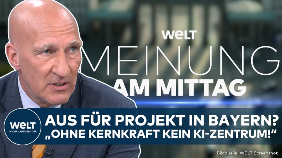 Strommasten und Serverracks symbolisieren den Energiebedarf für den KI-Standort Bayern