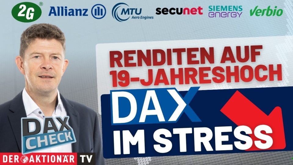 DAX-Kurstafel mit fallenden Kursen – DAX Analyse zu Renditenanstieg und Einzelwerten wie MTU und Secunet