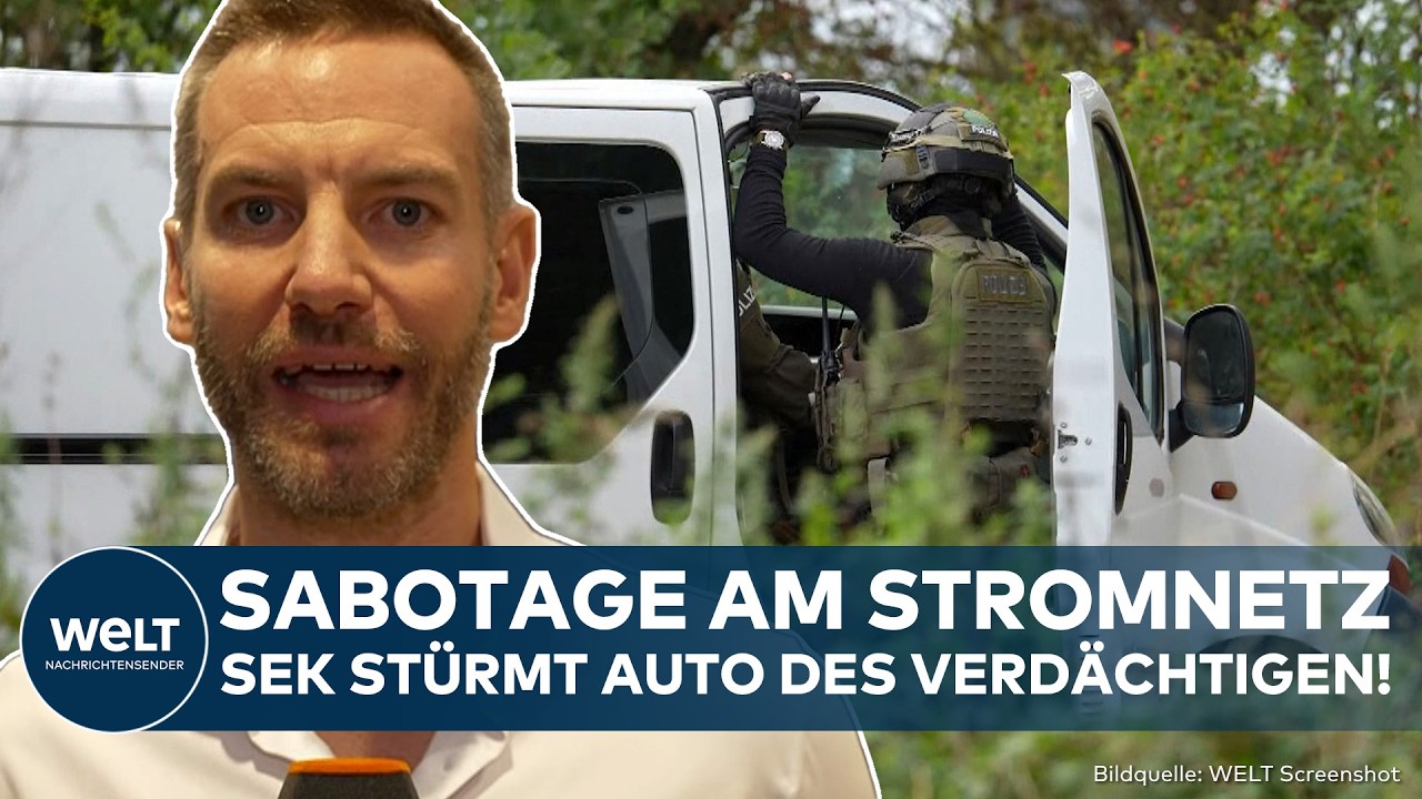 SEK-Beamte sichern einen zweifarbigen LKW im Hambacher Forst im Zuge der Stromnetz-Sabotage