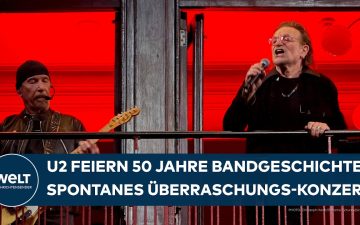 U2 Jubiläum – U2 spielen ein Überraschungskonzert vom Balkon in der Grafton Street Dublin zum 50. U2-Jubiläum