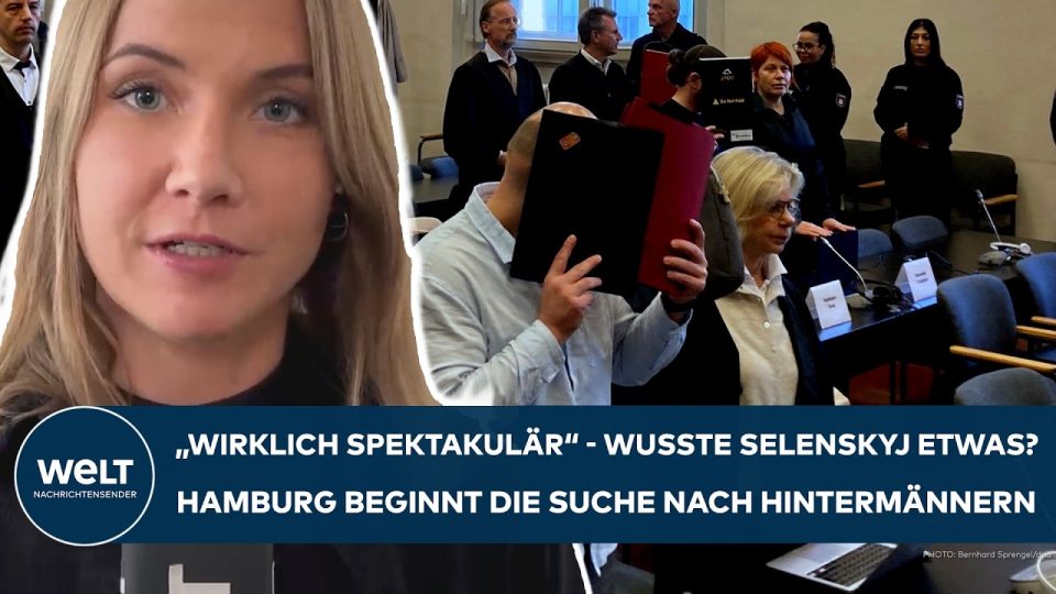 Hamburger Landgericht bei Prozessbeginn im Nordstream-Prozess, Justizgebäude mit Medienvertretern