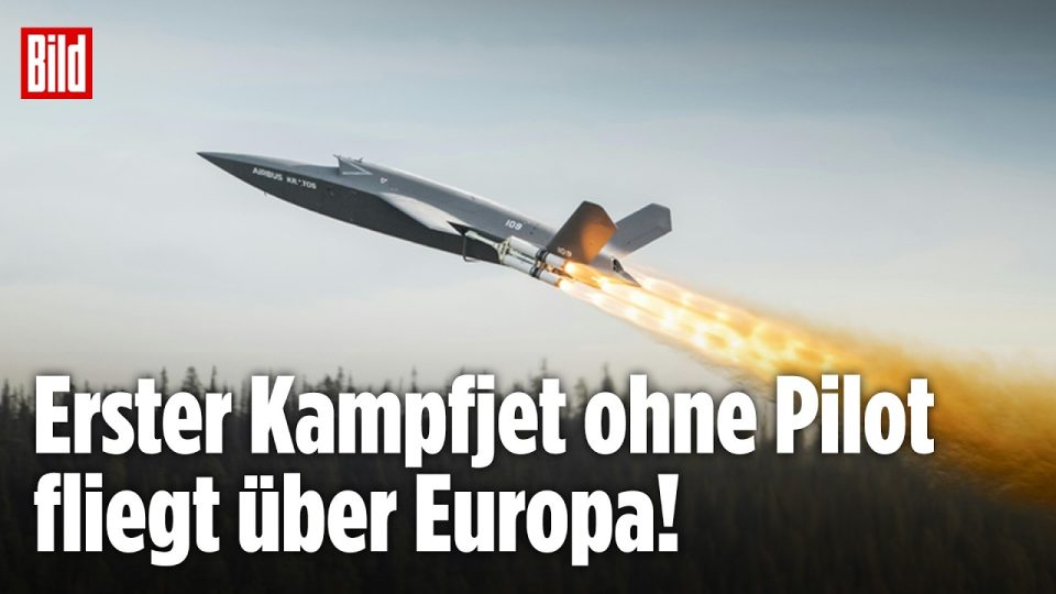 Unbemannte Kampfdrohne Valkyrie von Airbus startet von einer Rampe mit Raketenboostern in Europa