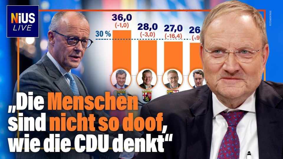 Friedrich Merz spricht auf einem CDU-Parteitag, symbolisch für den Merz-Rutsch in Umfragen aller Bundesländer