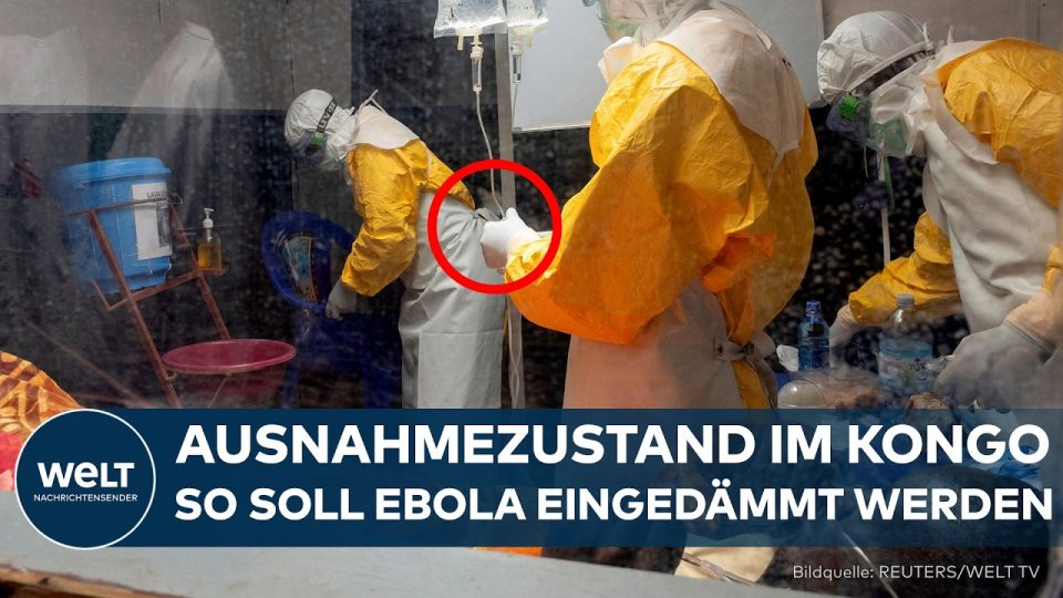 Ebola-Epidemie Kongo – Medizinisches Personal mit Schutzausrüstung vor einem mobilen Ebola-Diagnoselabor im Kongo
