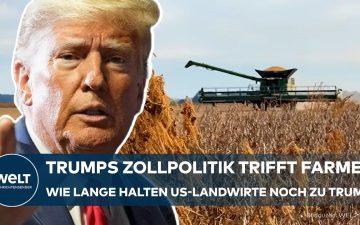 Ein US-Landwirt sitzt auf seinem Mähdrescher auf einem Sojafeld im Mittleren Westen – Symbol für die wirtschaftliche Lage de…