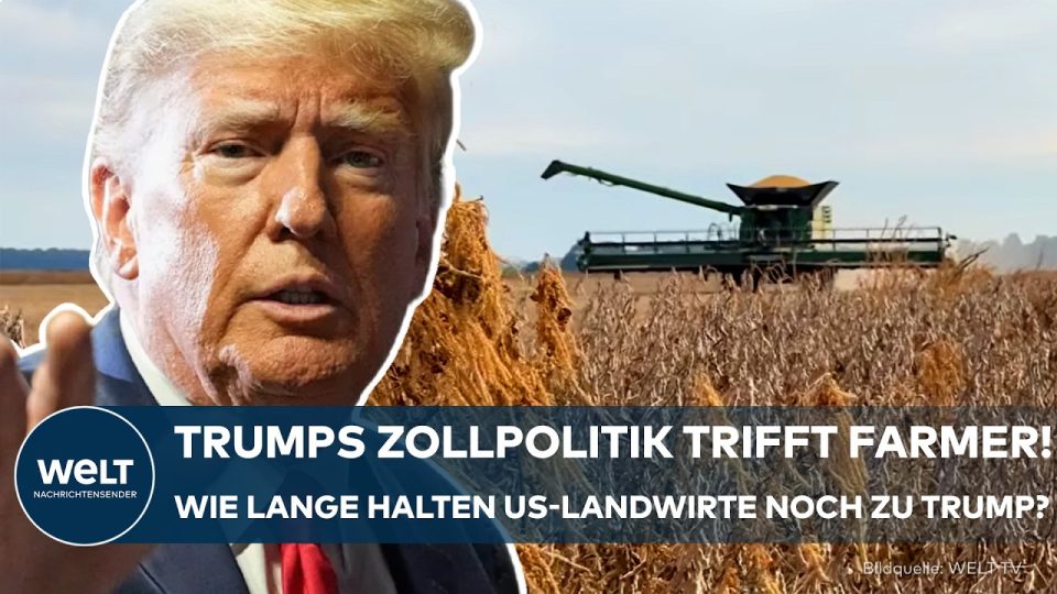 Ein US-Landwirt sitzt auf seinem Mähdrescher auf einem Sojafeld im Mittleren Westen – Symbol für die wirtschaftliche Lage de…