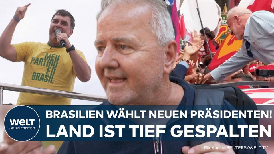 Wahlplakate von Lula da Silva und Flavio Bolsonaro zur Brasilien-Wahl 2026 in einer brasilianischen Stadt
