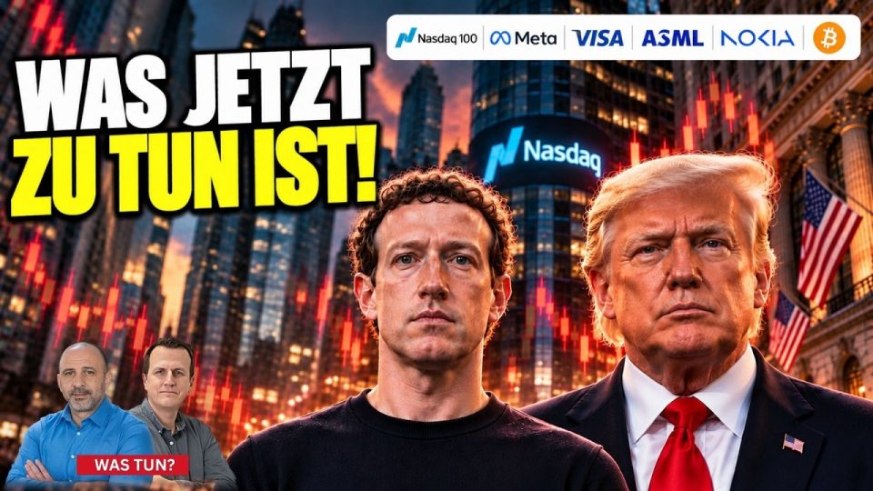 Börsenkurse auf einem Monitor zeigen Nasdaq 100, Meta Platforms und Bitcoin im Aufwärtstrend