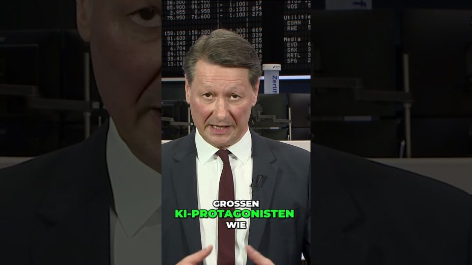 Digitale Waage zwischen Börsenchart und KI-Symbolen – KI-Blase oder nachhaltiger Boom am Technologiemarkt