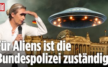 UFO-Anfrage AfD – Illustration eines UFOs über dem Deutschen Bundestag – UFO-Anfrage der AfD an die Bundesregierung