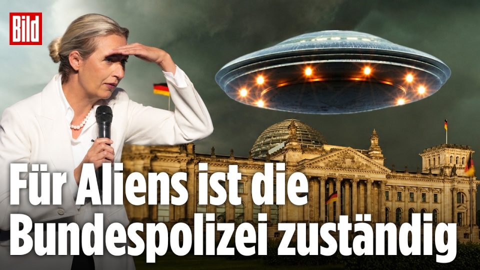 UFO-Anfrage AfD – Illustration eines UFOs über dem Deutschen Bundestag – UFO-Anfrage der AfD an die Bundesregierung