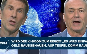 Grafische Darstellung eines explodierenden Geldstapels vor einem KI-Chip-Symbol – Symbol für den KI-Boom und drohende Überhi…