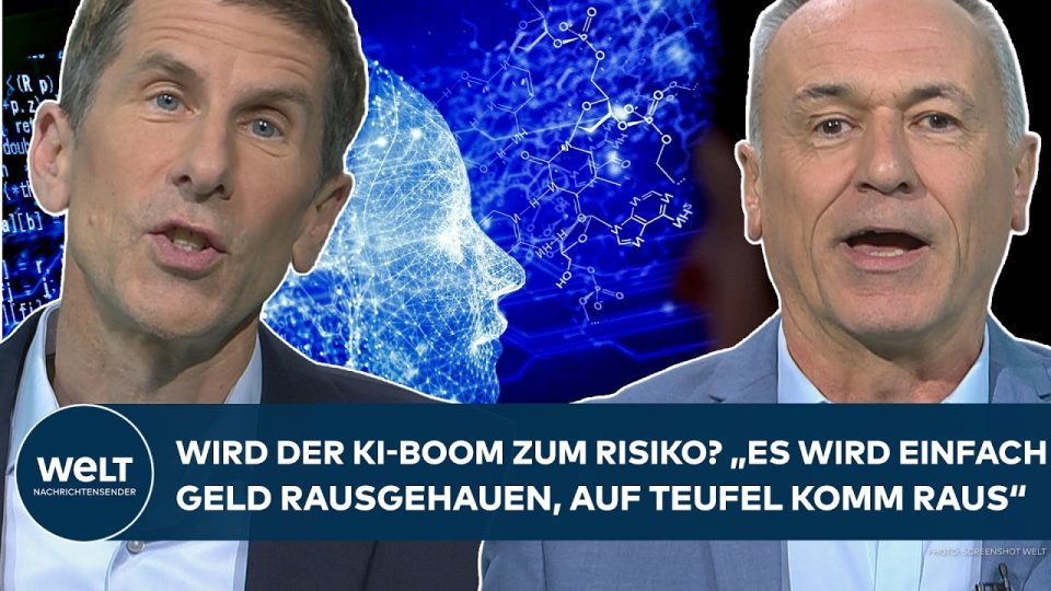 Grafische Darstellung eines explodierenden Geldstapels vor einem KI-Chip-Symbol – Symbol für den KI-Boom und drohende Überhi…