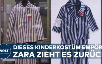 Zara Kinderkostüm – Blau-weiß gestreiftes Kinderkostüm von Zara mit Ähnlichkeit zu KZ-Häftlingskleidung aus der NS-Zeit