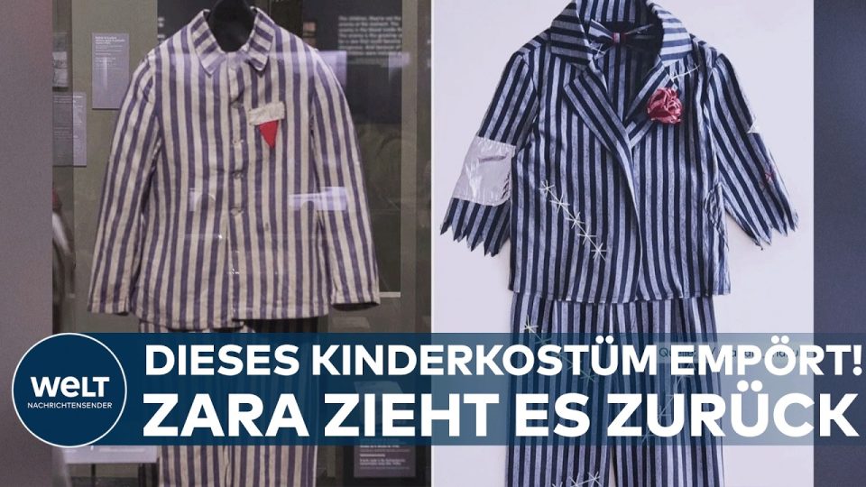 Zara Kinderkostüm – Blau-weiß gestreiftes Kinderkostüm von Zara mit Ähnlichkeit zu KZ-Häftlingskleidung aus der NS-Zeit