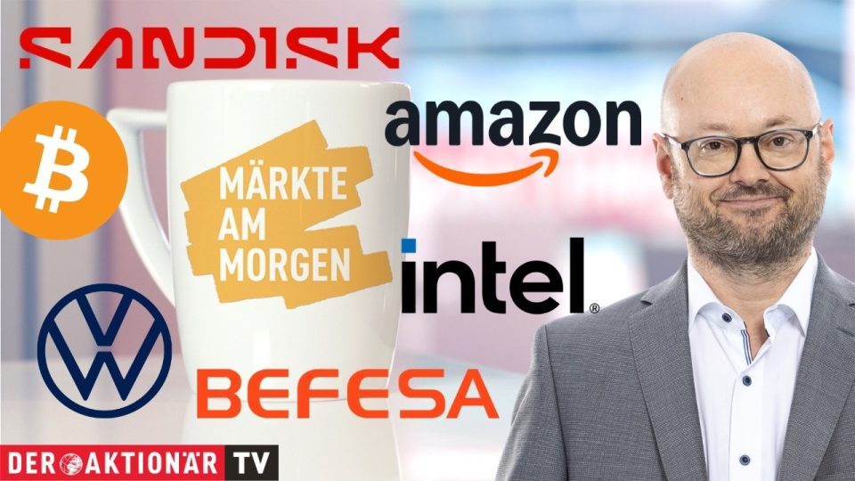 Börsentafel mit Kursbewegungen – Märkte am Morgen zeigen Bitcoin, Amazon und DAX im Fokus