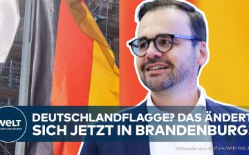 Dauerbeflaggung Brandenburg – Deutschlandflagge und Brandenburger Flagge wehen vor einem Landesbehördengebäude – Dauerbeflag…