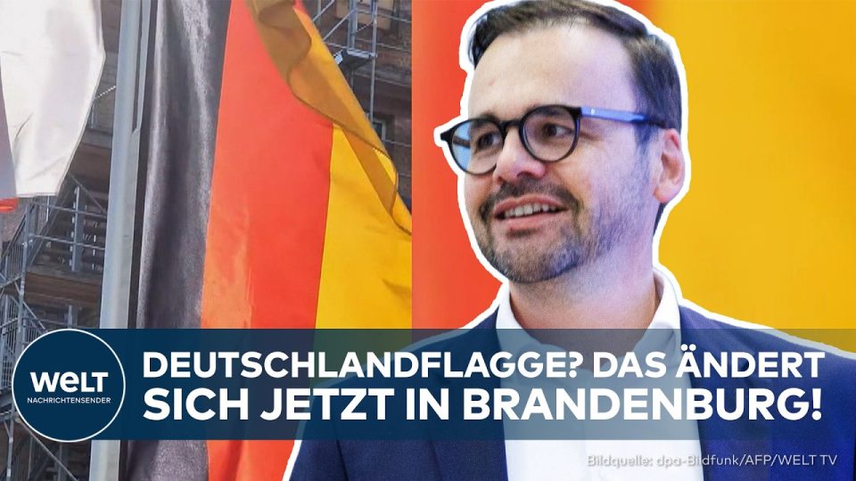 Dauerbeflaggung Brandenburg – Deutschlandflagge und Brandenburger Flagge wehen vor einem Landesbehördengebäude – Dauerbeflag…