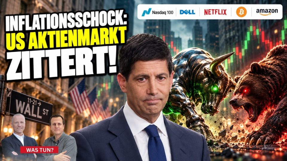 Händler an der Börse blickt auf fallende Kurse des Nasdaq 100 auf einem Bildschirm