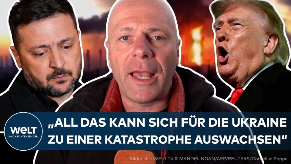 Trump Selenskyj Konflikt – Wolodymyr Selenskyj und Donald Trump im Trump-Selenskyj-Konflikt – Flaggen der Ukraine und der US…