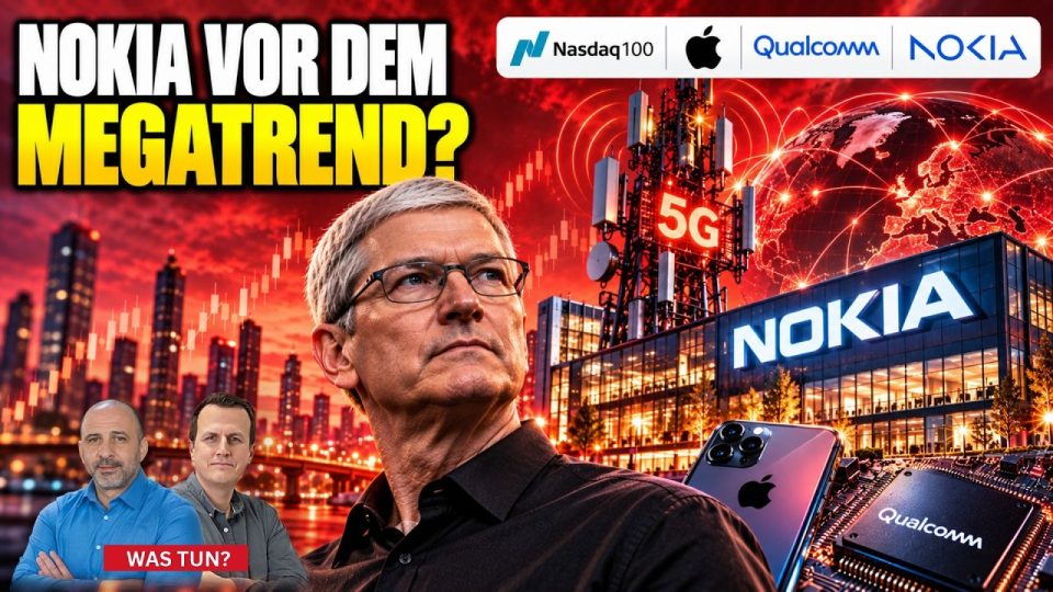 Nasdaq 100 Aktienanalyse – Kursanzeige des Nasdaq 100 auf einem Börsenbildschirm mit Nokia, Apple und Qualcomm Aktienanalyse
