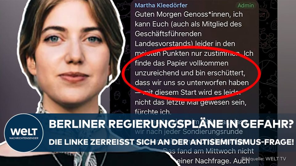 Antisemitismuspapier Linke – Berliner Abgeordnetenhaus mit Protestschildern – Streit um Antisemitismuspapier der Linken