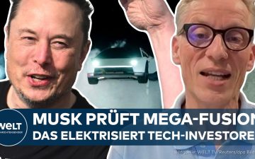 Tesla SpaceX Fusion – Elon Musk vor Tesla- und SpaceX-Logo – mögliche Tesla-SpaceX-Fusion wird geprüft