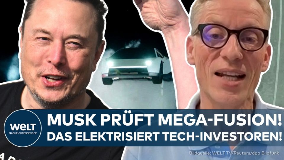 Tesla SpaceX Fusion – Elon Musk vor Tesla- und SpaceX-Logo – mögliche Tesla-SpaceX-Fusion wird geprüft