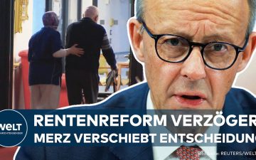 Friedrich Merz am Rednerpult im Bundestag – Debatte über die Rentenreform und das Rentenpaket
