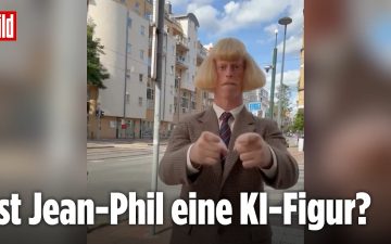 Mann mit strohblondem Haarschnitt und gezwirbeltem Schnurrbart boxt lautlos in die Luft – viral bekannt als Jean Phil