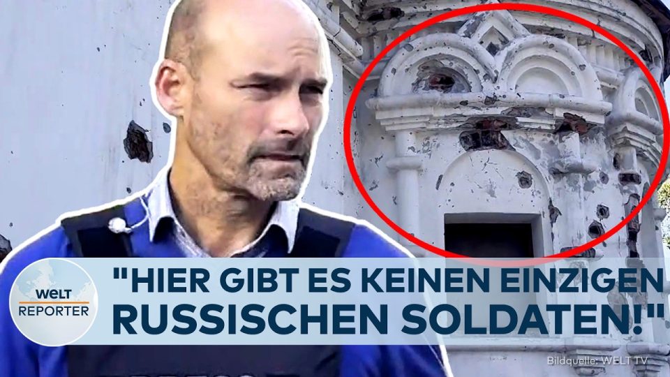 Blick auf das beschädigte orthodoxe Kloster in Swjatohirsk mit Einschusslöchern in den Mauern, kein russischer Soldat in Sic…