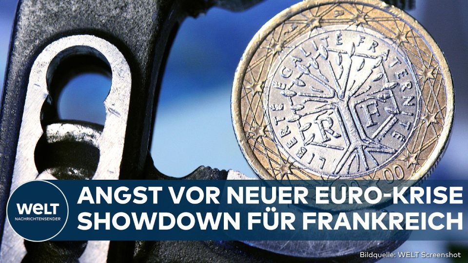 Eurokrise Frankreich – Eurokrise-Warnung: Französische Staatsanleihen und Euro-Symbol auf Börsenchart