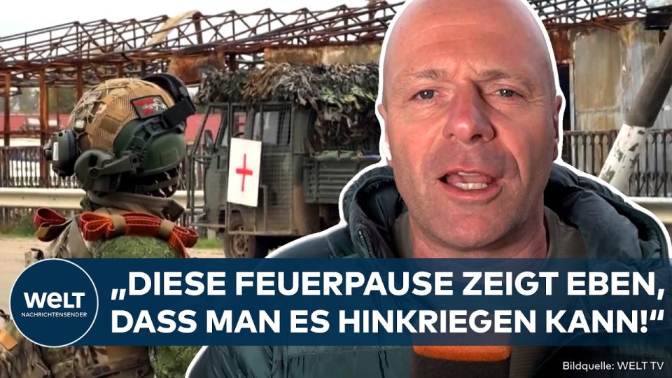 Zerstörte Gebäude in der ukrainischen Stadt Oleschky – humanitäre Feuerpause im Ukrainekrieg ermöglicht Evakuierung