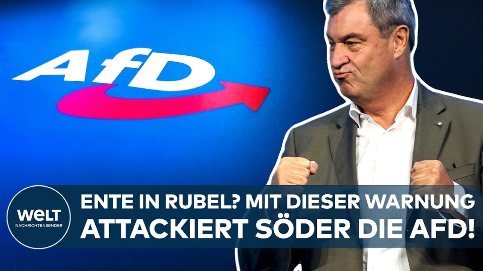 CSU Parteitag – Markus Söder spricht beim CSU-Parteitag in München vor Delegierten – CSU-Logo im Hintergrund