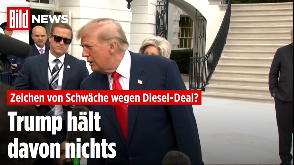 Wolodymyr Selenskyj und Donald Trump bei einem Treffen – im Hintergrund symbolisch der Russland-Dieseldeal
