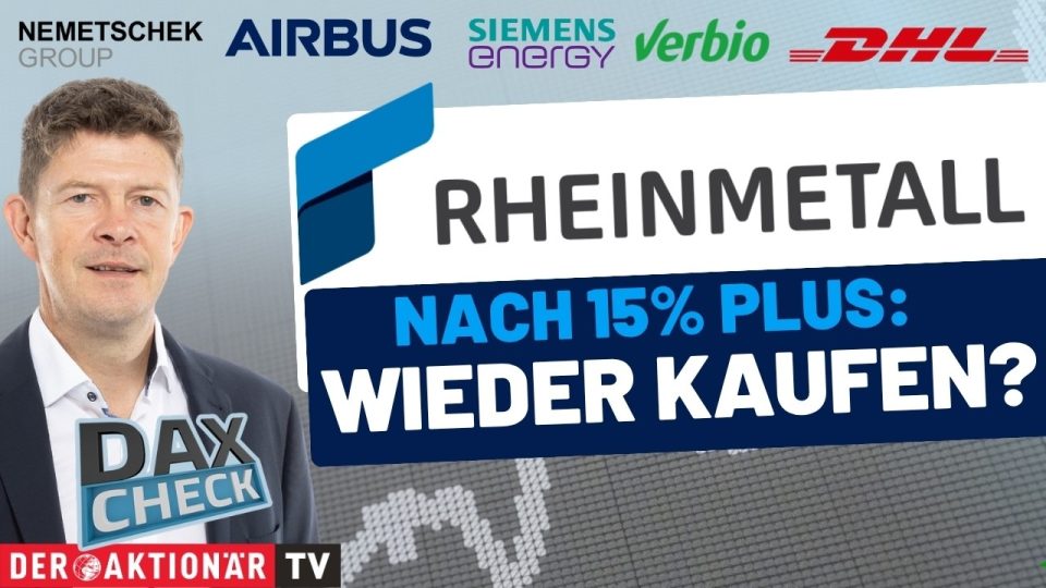 DAX-Kurstafel mit Kursverläufen von Airbus, Rheinmetall und Siemens Energy im DAX-Check