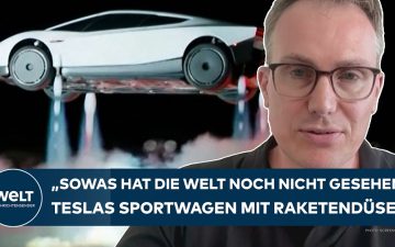 Tesla Roadster mit Raketendüsen springt über einen geparkten Truck bei der Präsentation in Texas