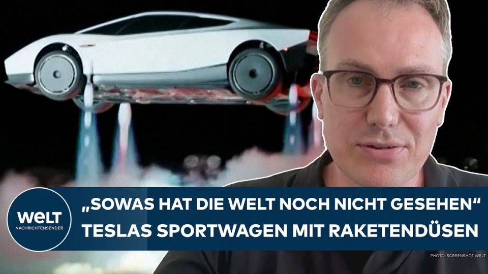 Tesla Roadster mit Raketendüsen springt über einen geparkten Truck bei der Präsentation in Texas