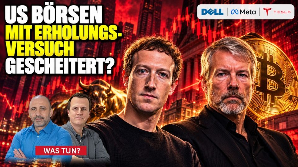 Börsenrally: Kursanzeige für Nasdaq 100, Meta, Tesla und Bitcoin auf einem Handelsbildschirm