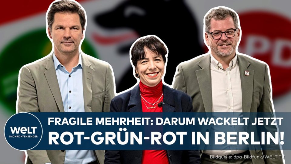 Rot-Grün-Rot Berlin – Berliner Rotes Rathaus mit politischen Symbolen – Rot-Grün-Rot Koalition in Berlin auf dem Prüfstand