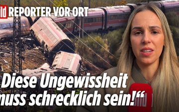 Rettungskräfte und Mantrailerhunde suchen nach dem Zugunglück Toledo in den Trümmern der kollidierenden Züge