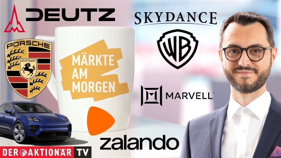 Börsenhändler am Bildschirm verfolgen Märkte am Morgen mit Kursanzeigen zu Zalando, Deutz und Porsche AG