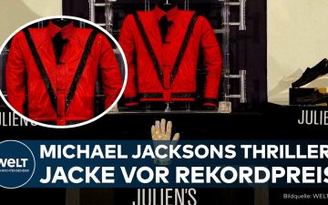 Die schwarz-rote Leder-Thriller-Jacke von Michael Jackson vor der Auktion in Abu Dhabi