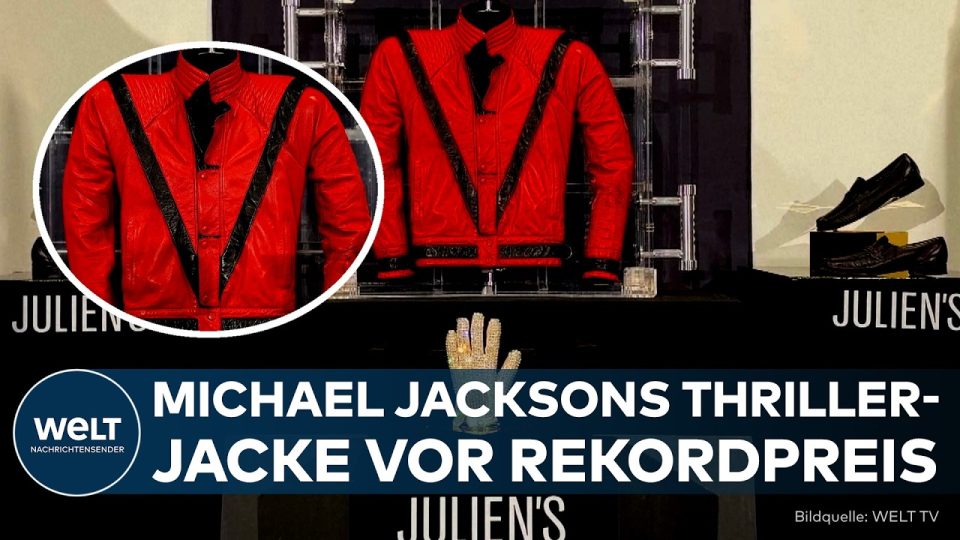 Die schwarz-rote Leder-Thriller-Jacke von Michael Jackson vor der Auktion in Abu Dhabi