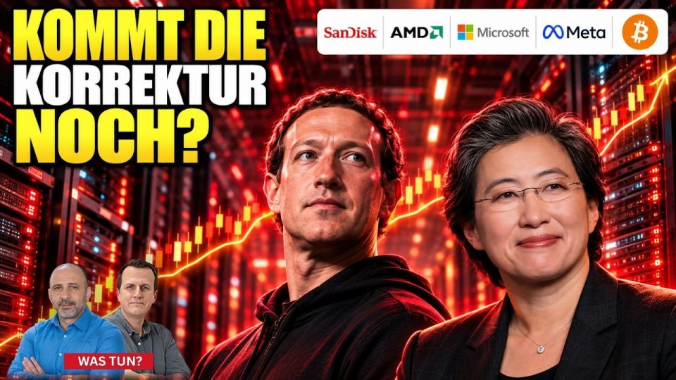 Kursanzeige an einer Börse mit steigenden Trendaktien wie AMD, SanDisk und Microsoft auf einem Bildschirm