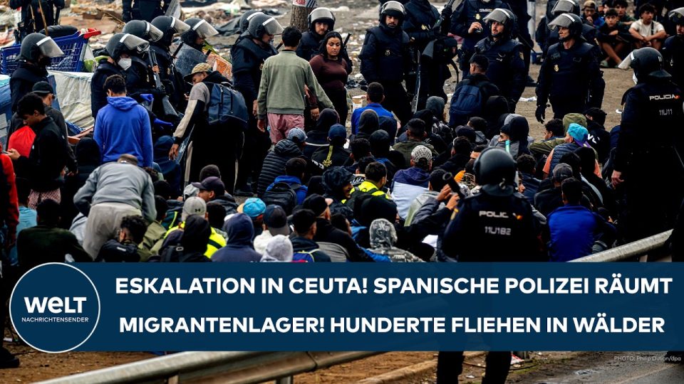 Migranten-Lager Ceuta – Spanische Polizei räumt das Migranten-Lager in Ceuta, Menschen warten am Grenzübergang zu Marokko