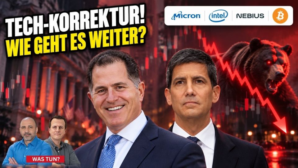 Kursanzeige am Börsenbildschirm zeigt die Nasdaq 100 Korrektur bei Chip- und KI-Aktien