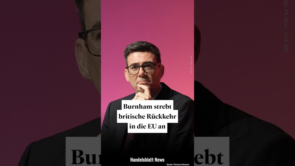 Brexit Rückkehr EU – Britischer Premier Andy Burnham spricht über Brexit Rückkehr in die EU vor europäischen Flaggen